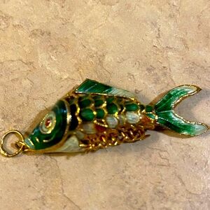 Vtg Cloisonné Multicolor Enamel with gold overlay KOI articulated Fish Pendant